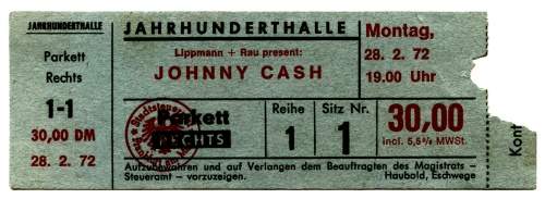 Johnny Cash, Eintrittskarte des Konzerts am 28. 2. 1972 in Frankfurt-Hoechst
