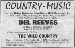 Anzeige eines Del Reeves-Konzerts im NCO-Club Schwbisch Hall. Haller Tagblatt am 11. Juni 1975