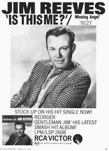 Anzeige in THE MUSIC REPORTER vom 16. Mrz 1963 fr die Jim Reeves-Single "Is This Me?/Missing Angel" (RCA Victor 47-8127) und die LP "Gentleman Jim" (RCA LPM/LSP-2608); Archiv Hauke Strbing.