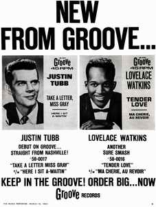 Anzeige in THE MUSIC REPORTER vom 16. Mrz 1963 fr die Justin Tubb-Single "Take A Letter Miss Gray/Here I Sit A-Waitin" (Groove Records 58-0017); Archiv Hauke Strbing.